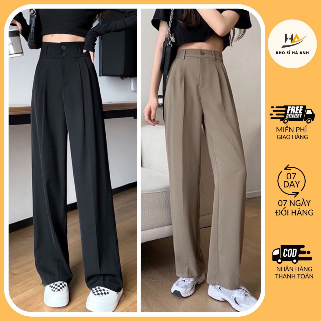 Quần Suông Ống Rộng Cạp Lưng Cao Quần Vải Công Sở Ống Đứng Túi Chéo 1 Khuy 2 Khuy Chất Vải Tuyết Mưa Quảng Châu Co Giãn