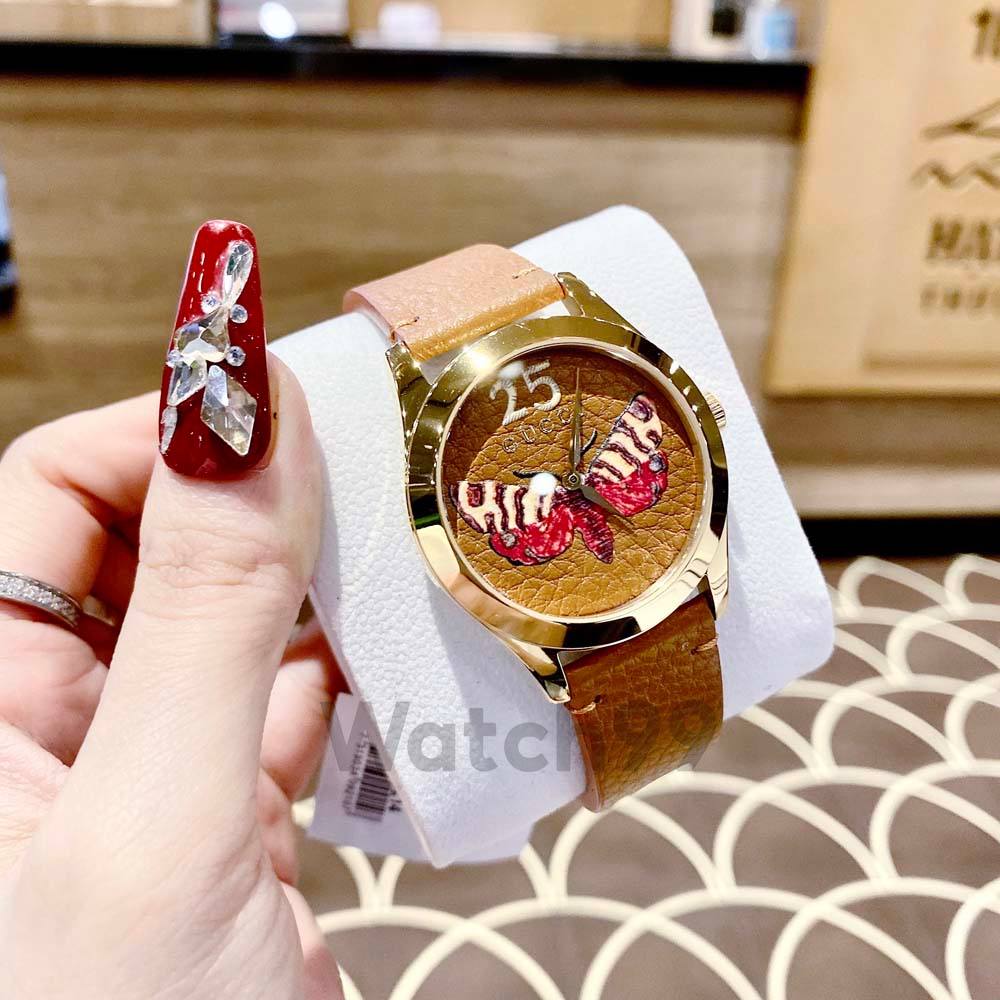 Đồng hồ nữ G.u.c.c.i G-Timeless Butterfly mặt tiệp màu dây da, in hình bướm 3D nổi bật | BigBuy360 - bigbuy360.vn