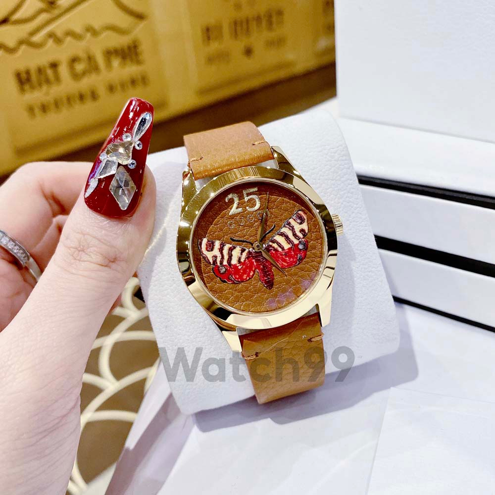 Đồng hồ nữ G.u.c.c.i G-Timeless Butterfly mặt tiệp màu dây da, in hình bướm 3D nổi bật | BigBuy360 - bigbuy360.vn