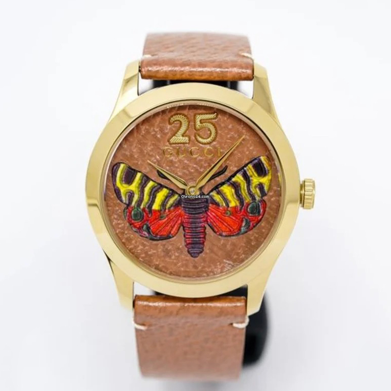 Đồng hồ nữ G.u.c.c.i G-Timeless Butterfly mặt tiệp màu dây da, in hình bướm 3D nổi bật