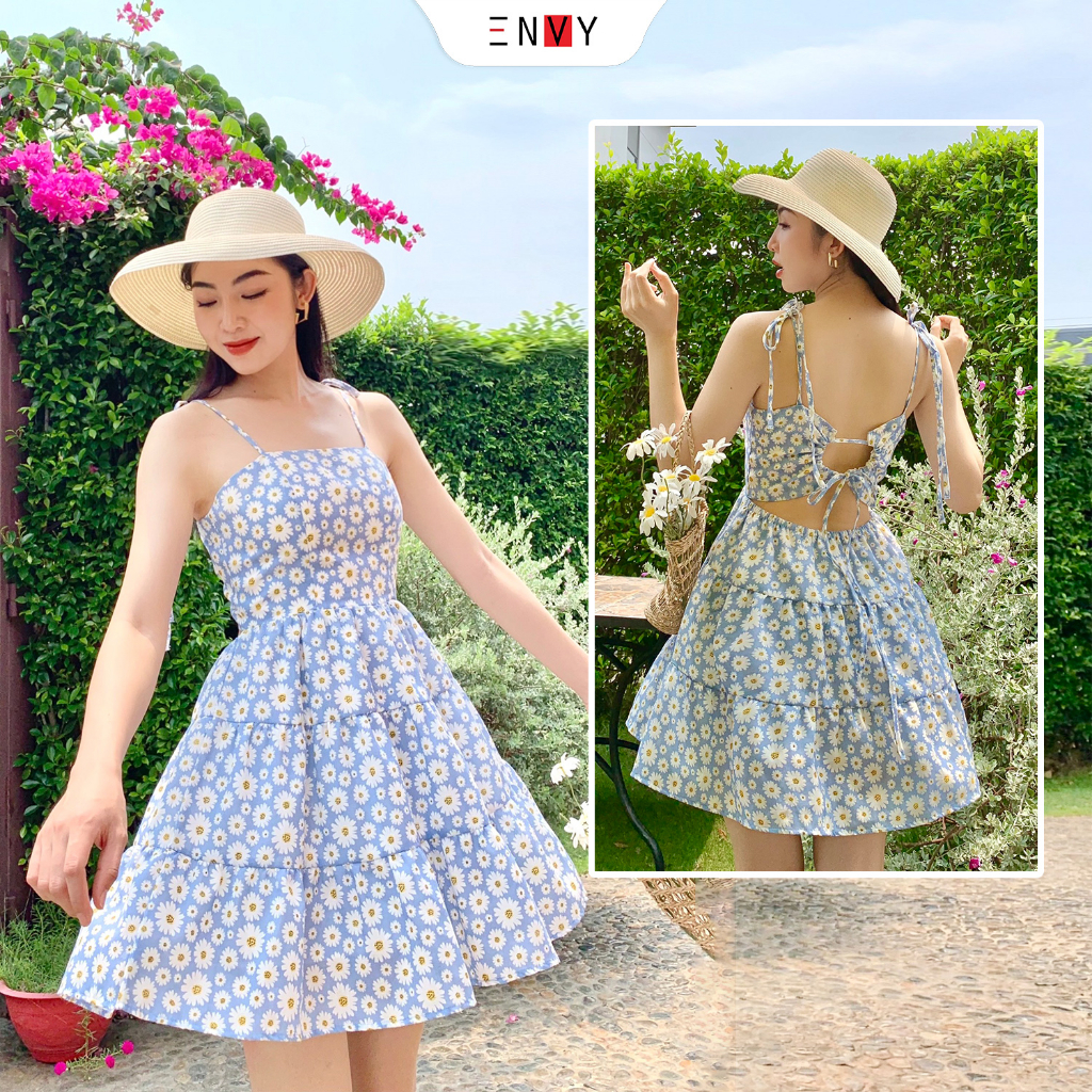Đầm hoa xòe hai dây cột nơ lưng ENVY D244 kiểu cách dễ thương