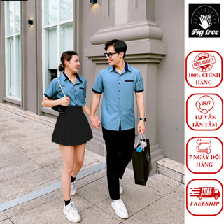 Set Áo Sơ Mi Cặp FIGTREE Tay Ngắn Màu Xanh Mint Phối Mẫu Mới