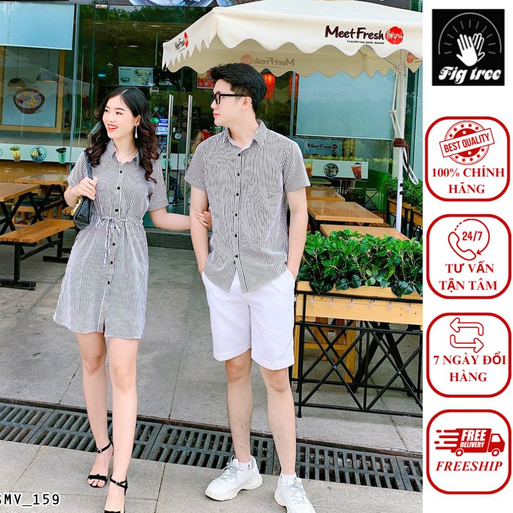 Set Sơ Mi Váy Đôi FIGTREE Nền Trắng Sọc Đen Mã 159