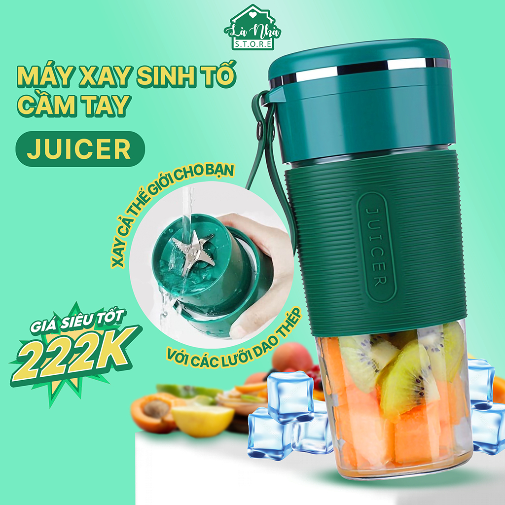 Máy xay sinh tố mini cầm tay đa năng cốc thủy tinh 6 lưỡi chính hãng Juicer 300ml, pin sạc tự động ngắt khi quá nhiệt.