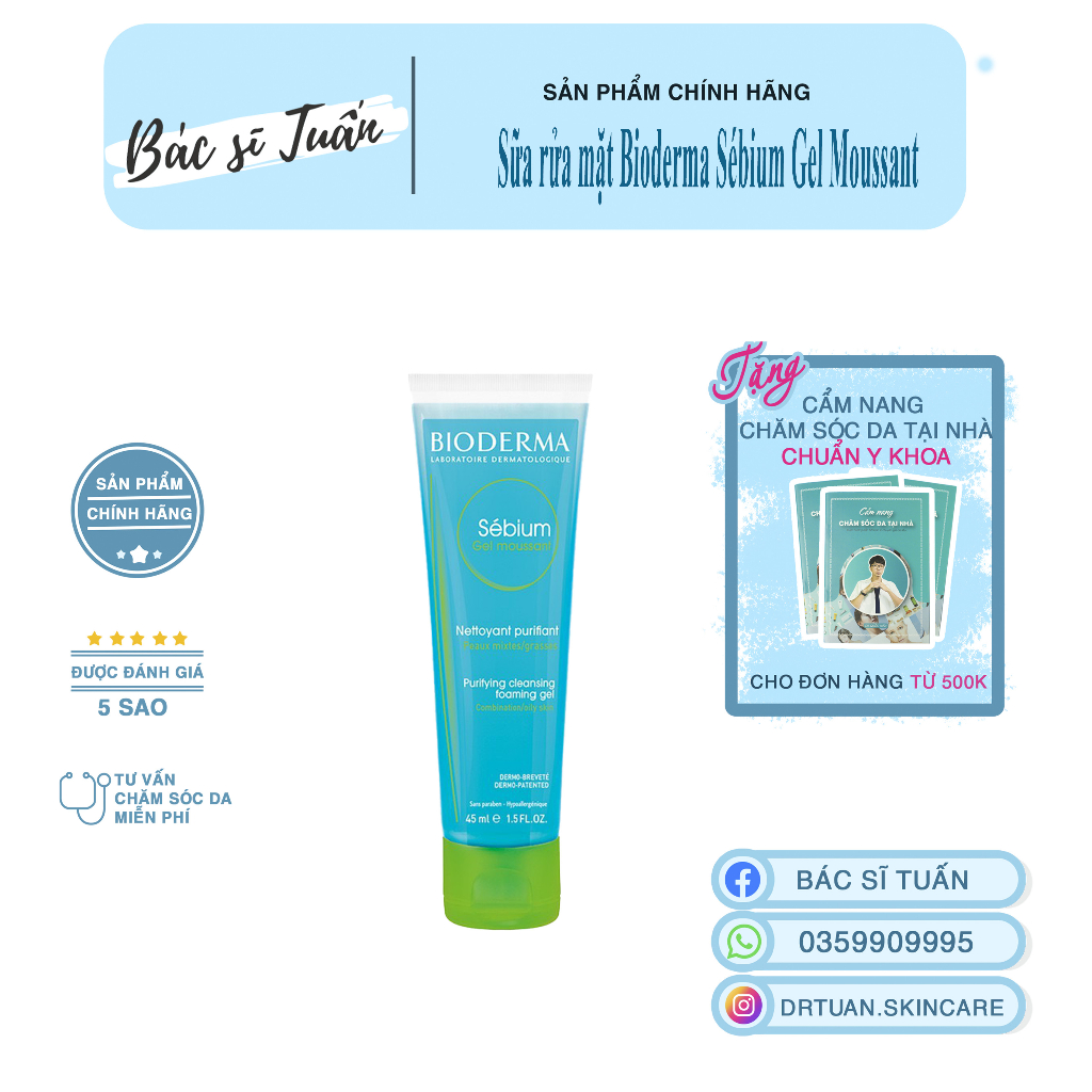 Gel rửa mặt tạo bọt, không chứa xà phòng Bioderma Sebium Gel Moussant - 45ml