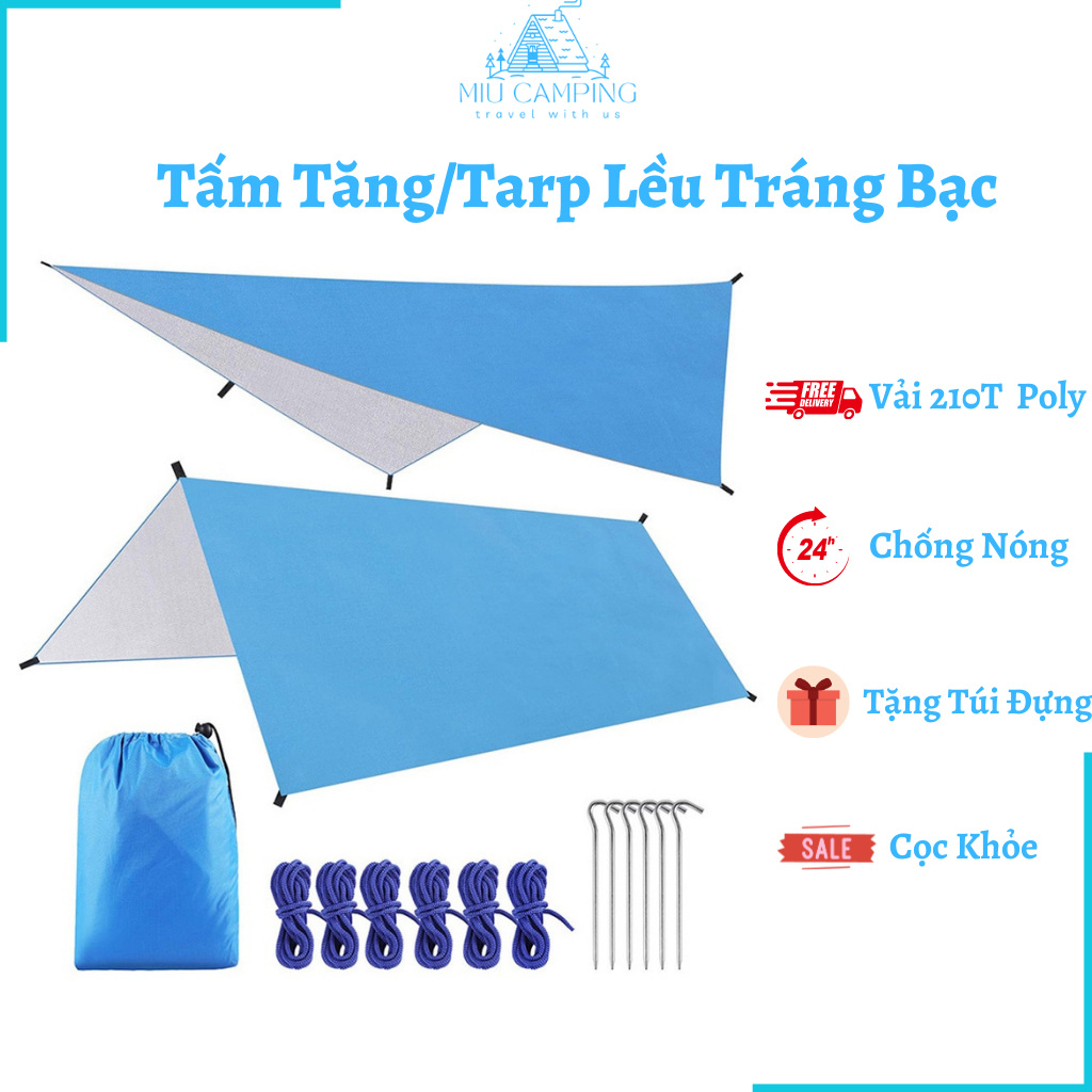 Tấm tăng/tarp lều tráng bạc kèm cọc chống nắng, gọn nhẹ, dễ mang đi xa như picnic, dã ngoại, cắm trại,...