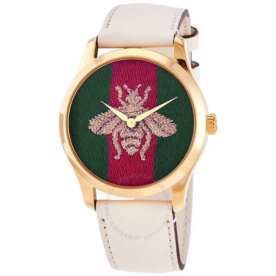 Đồng hồ nữ G.u.c.c.i G-Timeless YA1264128 Dial đồng hồ nổi bật với chú Ong thêu 3D trên nền sọc xanh đỏ đặc trưng