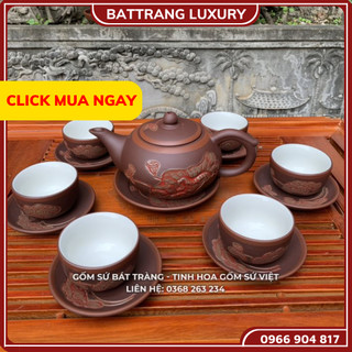 Bộ ấm chén uống trà, bộ ấm chén bát tràng cao cấp - nhật nguyệt khắc liên hoa