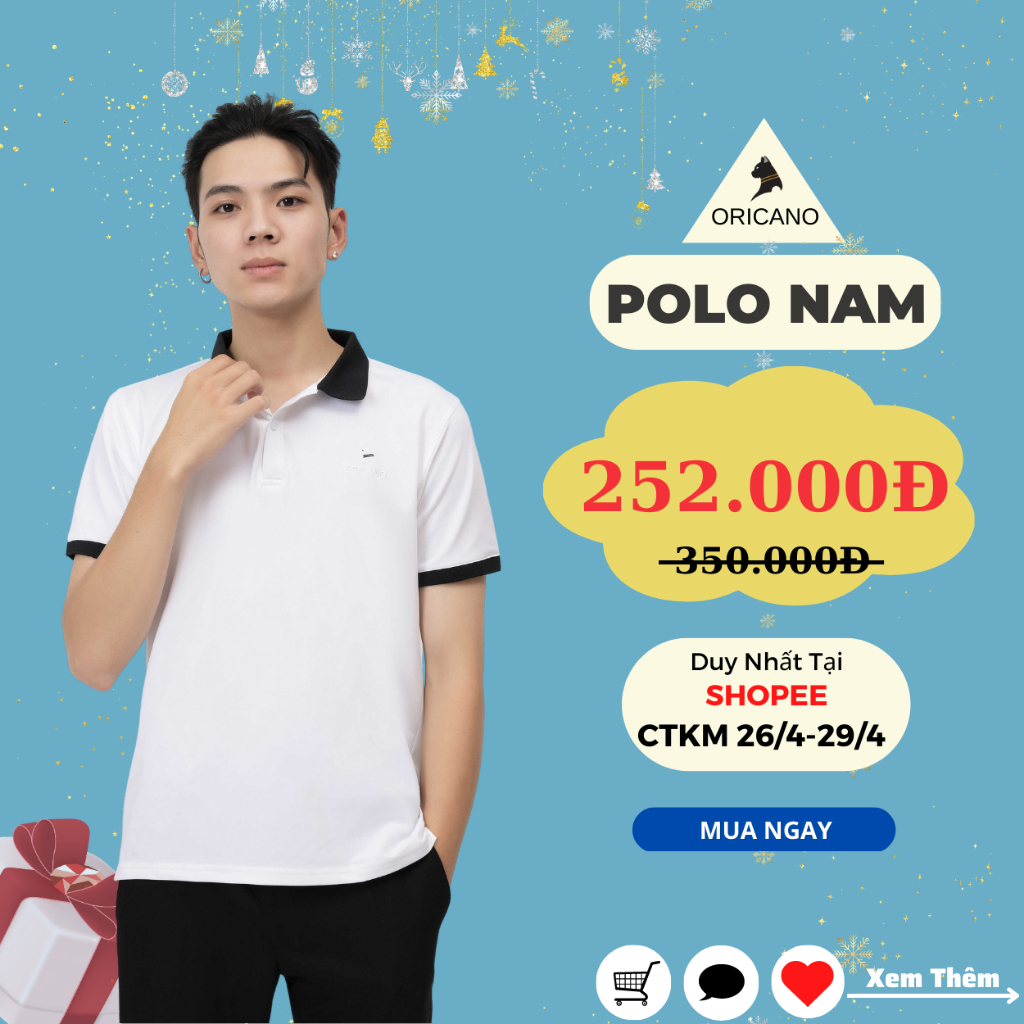 Áo Polo Nam ORICANO Trắng Đen Tay Ngắn Cổ Bẻ Chất liệu 95 Polyester Và 5 Xpander Mềm Mịn Thoáng Mát