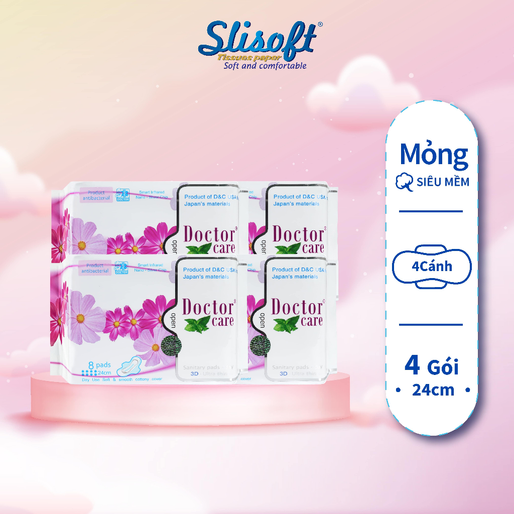 Combo 4 Băng vệ sinh thảo dược Doctor Care, BVS ban ngày 24cm siêu khô thoáng cả ngày dài