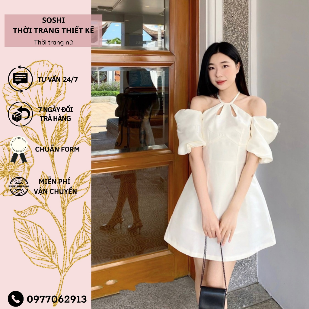 Váy thiết kế cổ yếm giọt lệ, đầm trễ vai mặc được 2 kiểu chất tafta lên dáng chuẩn form