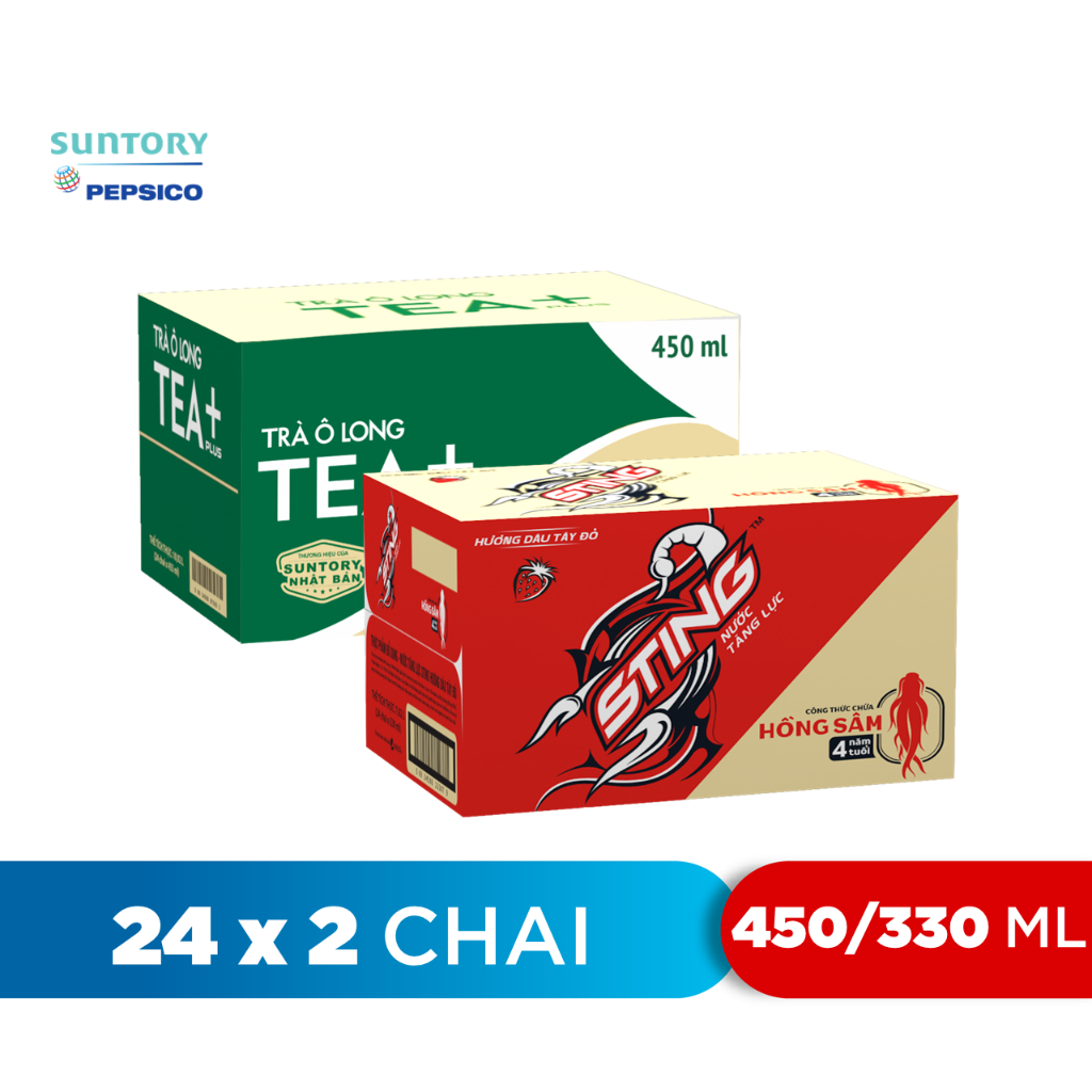 Combo 1 Thùng 24 Chai Sting Dâu và 1 Thùng 24 Chai Tea+ (330ml và 450ml/chai)