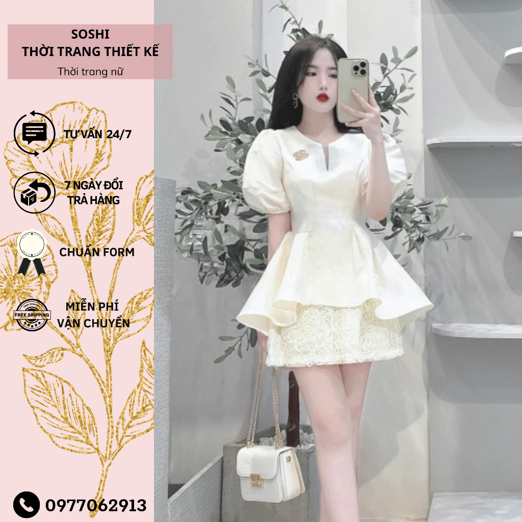Set áo sơ mi tay bồng đuôi cá mix chân váy ren nổi chất tafta cao cấp hàng thiết kế