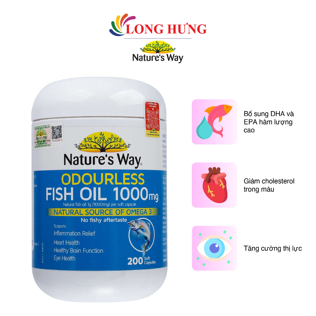 Viên uống Nature's Way Odourless Fish Oil 1000mg hỗ trợ tim mạch trí não (200 viên)