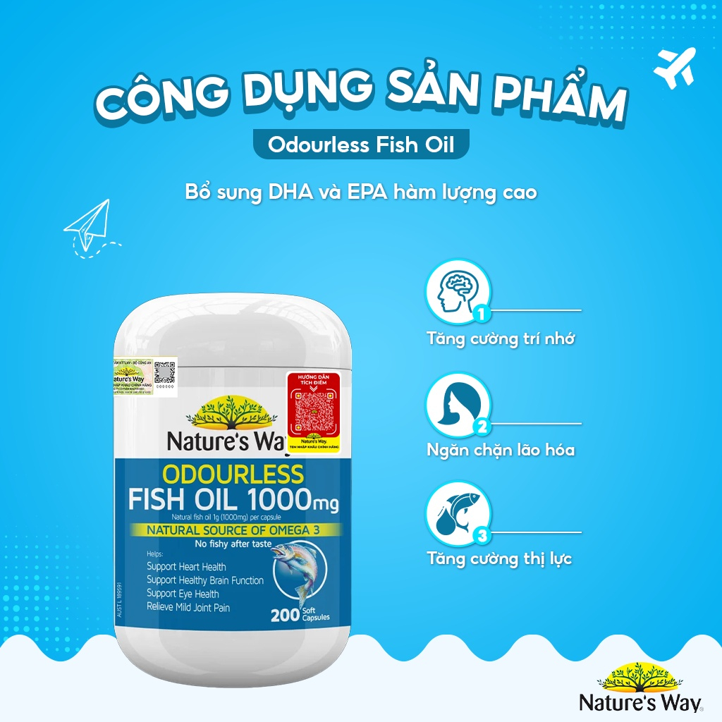 Viên uống Nature's Way Odourless Fish Oil 1000mg hỗ trợ tim mạch trí não (200 viên)