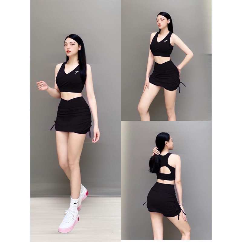 Set thể thao đùi chân váy 2 lớp rút dây - Áo Croptop thể thao năng động đi bơi, tập Gym Yoga, chạy bộ Aerobic thoáng mát | BigBuy360 - bigbuy360.vn