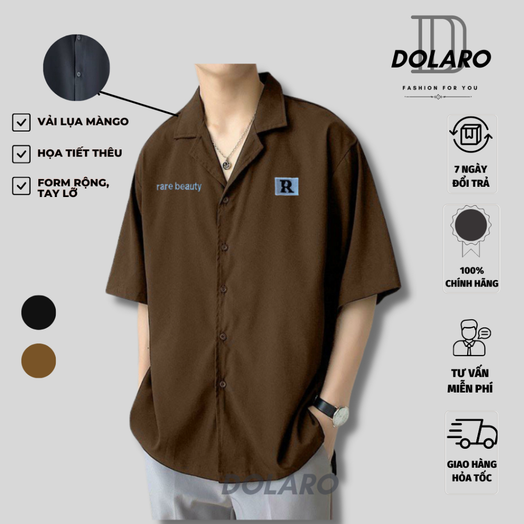 Áo sơmi ngắn tay form rộng DOLARO thời trang họa tiết thêu chữ, chất liệu vải lụa mềm chống nhăn | BigBuy360 - bigbuy360.vn