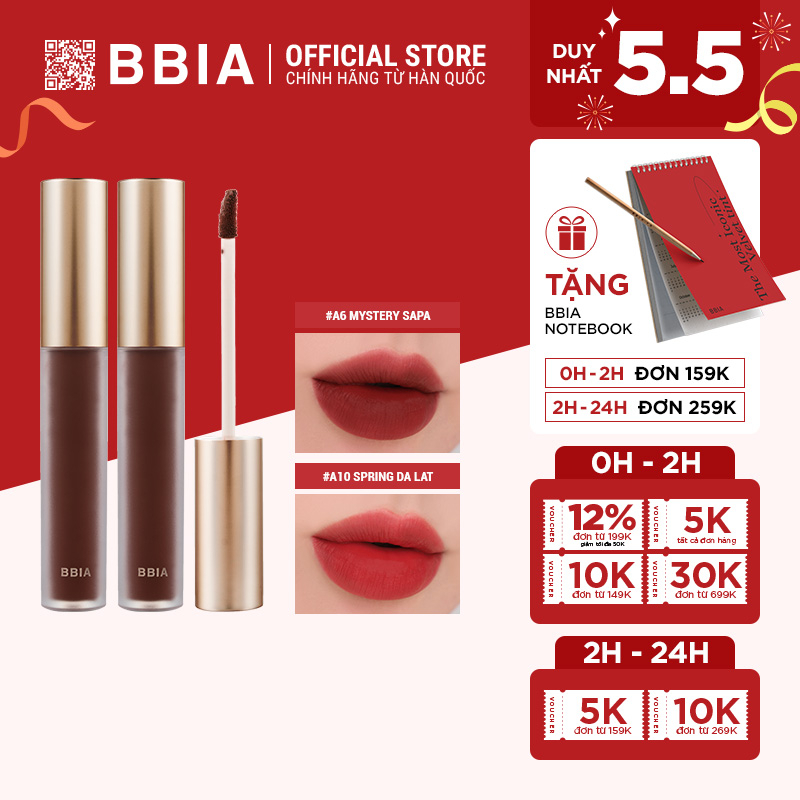 Combo Gồm 2 Son kem lỳ Bbia Last Velvet Lip Tint Asia Edition 2 ( 2 x 5g)