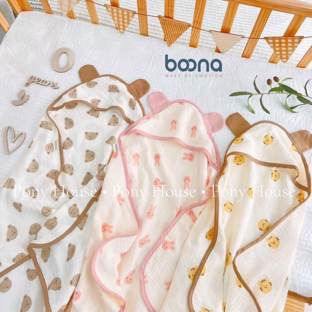 Chăn Choàng Ủ Xô Muslin Boona 4 Lớp Có Mũ Siêu Thoáng Mát Mềm Mịn Cho Bé Sơ Sinh Hàng Loại 1