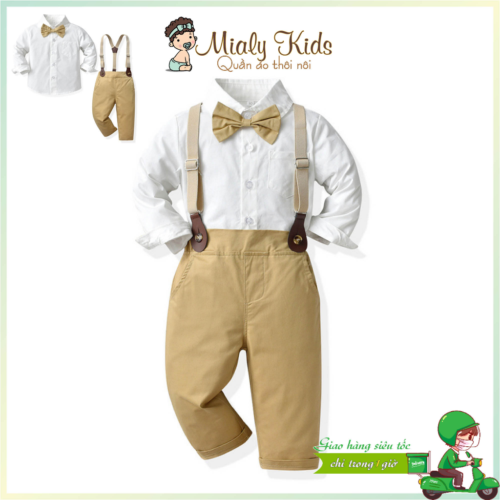 Bộ quần áo sơ mi cho bé (8-21kg), Chất liệu kate mềm mịn, màu áo trắng kết hợp cùng quần be nâu vô cùng bảnh trai