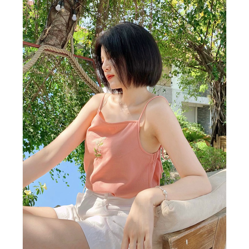Áo hai dây linen thêu hoa