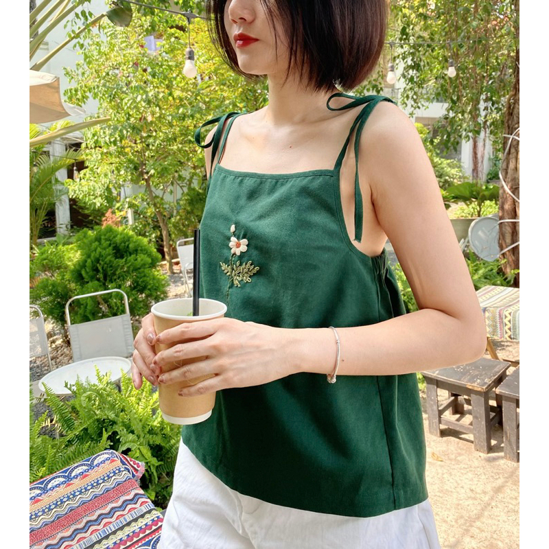 Áo hai dây linen thêu hoa