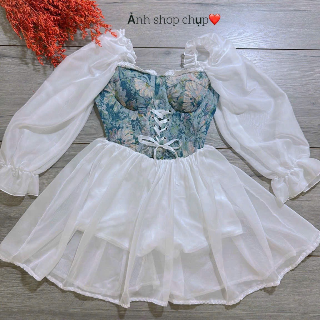 [5.5 Sales Freeship] Đầm tiểu thư vintage, đầm trắng tay dài phong cách hàn quốc phối thổ cẩm hoa dáng xòe siêu xinh TH