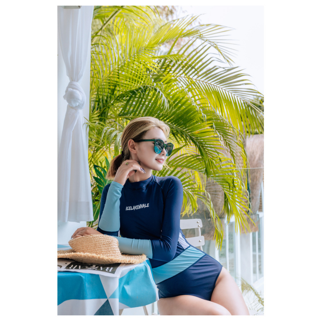 (Có bigsize) Bộ Đồ Bơi Một Mảnh Tay Dài Thời Trang Kín Đáo Chống Nắng Hàn Quốc monikini xịn màu xanh học bơi, đi biển