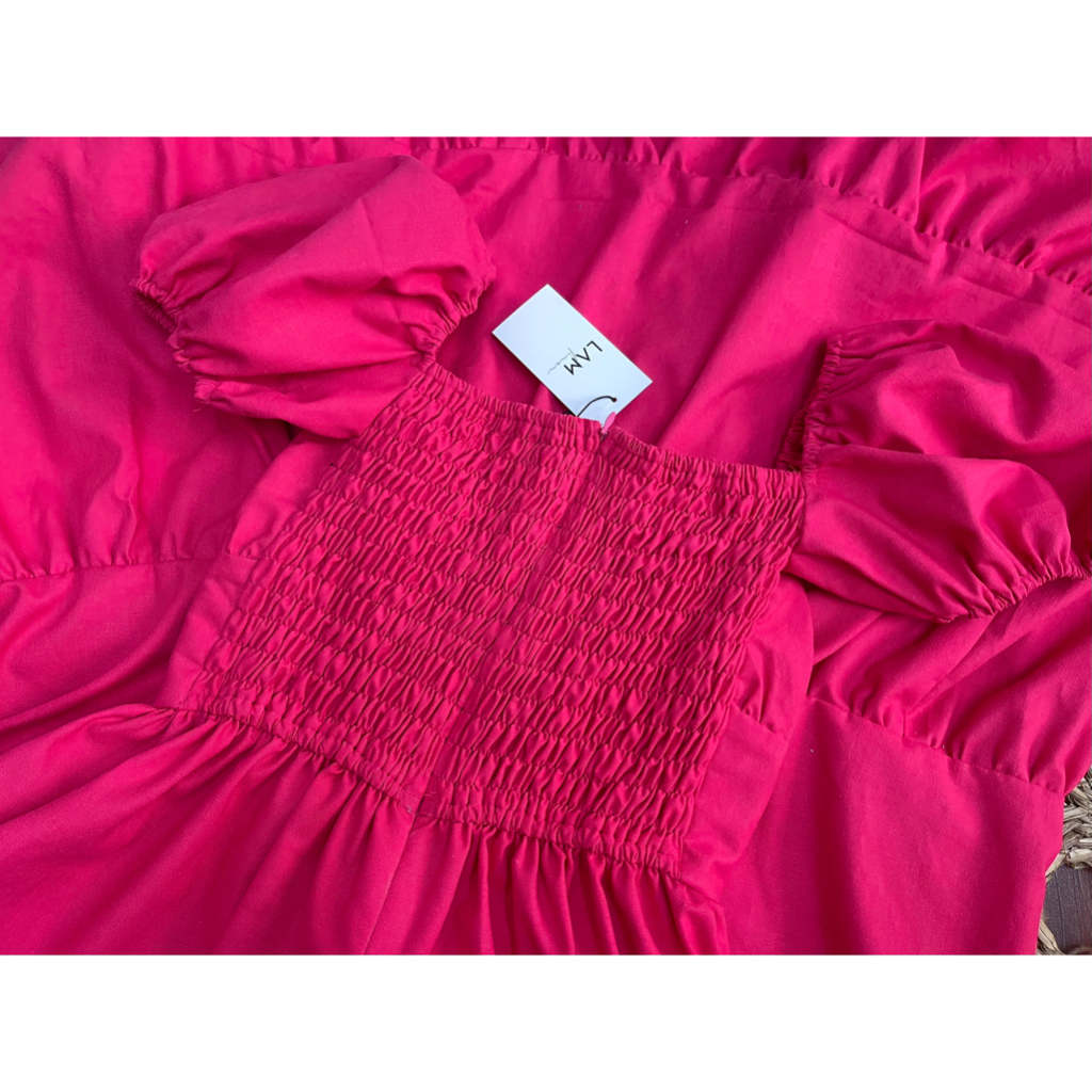 Đầm maxi tay bồng xoè dài, cúp ngực nhún vải Linen- Màu hồng son