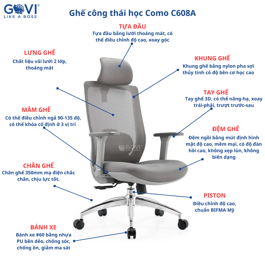 Ghế công thái học Ergonomic GOVI Como C608A - Tay ghế 3D, lưng ghế bằng vải lớp 2 lớp, có thể chỉnh ngả 90-135 độ