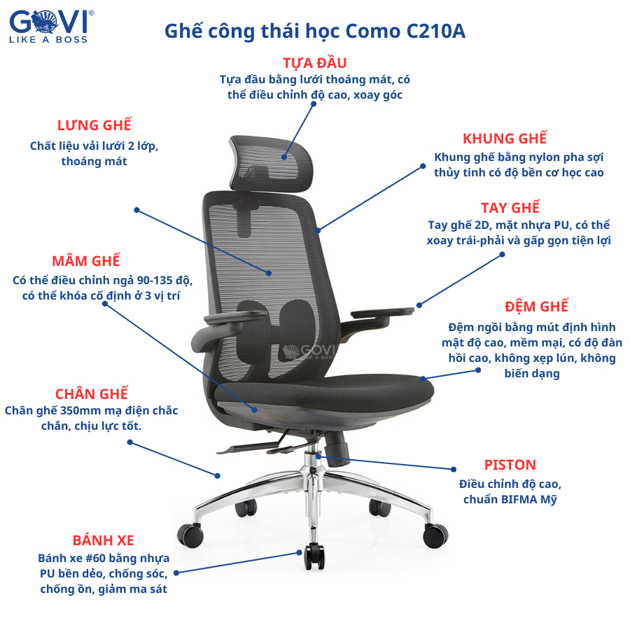 Ghế công thái học Ergonomic Como C210A - Tựa tay 2D, mâm ghế chỉnh ngả 90-135 độ, lưng lưới thoáng mát