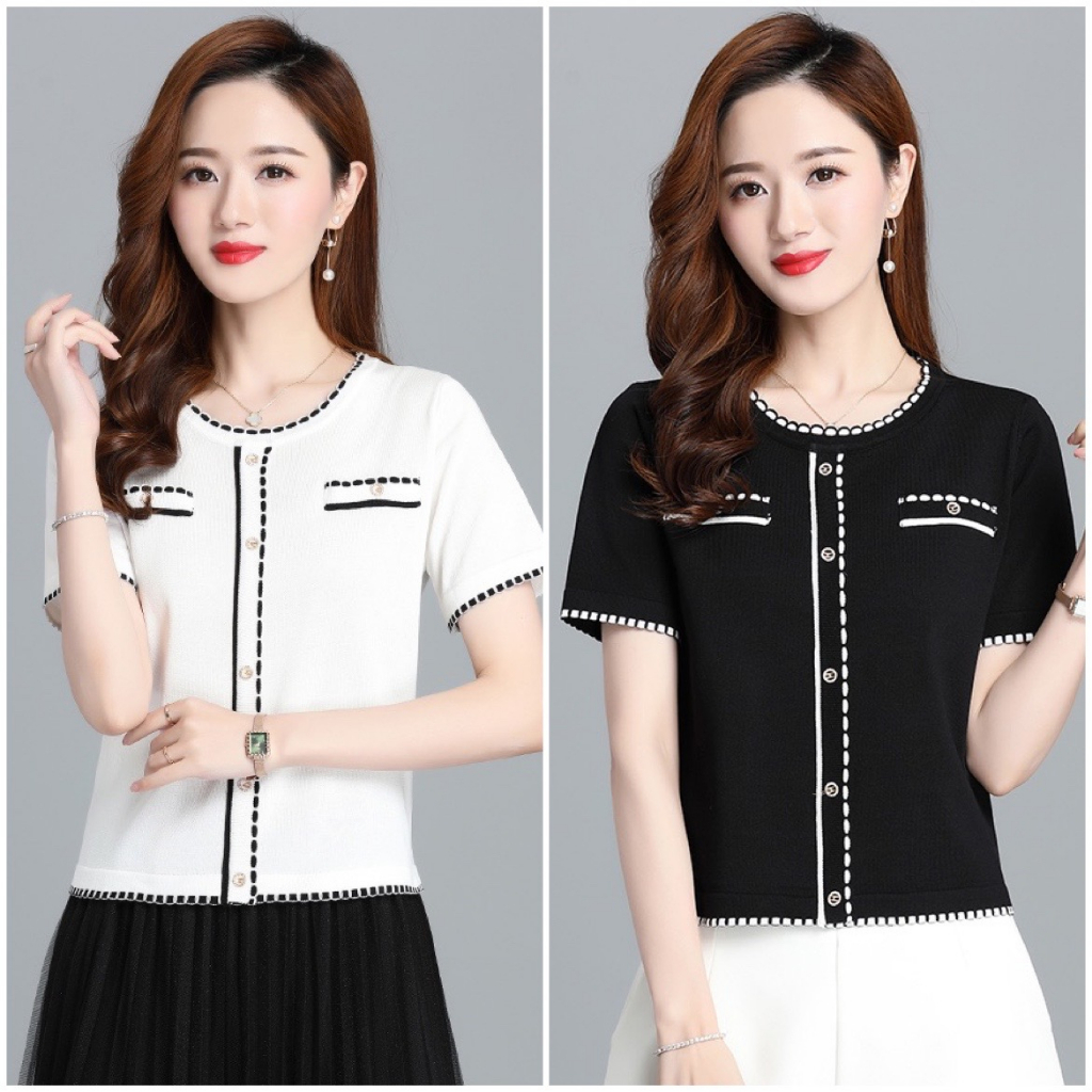 Áo thun dệt kim nữ tay ngắn kiểu cổ tròn len mongtoghi mềm mại mát mẻ phối đen trắng phong cách ulzzang Hàn Quốc