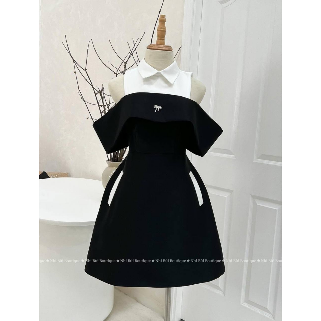 Dory dress - Đầm phối cổ sơ mi đính nơ đá bigsize for chubby