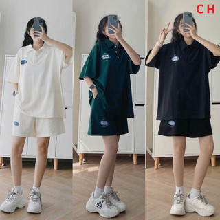 Bô quần áo polo logo quần đùi ống rộng nam nữ