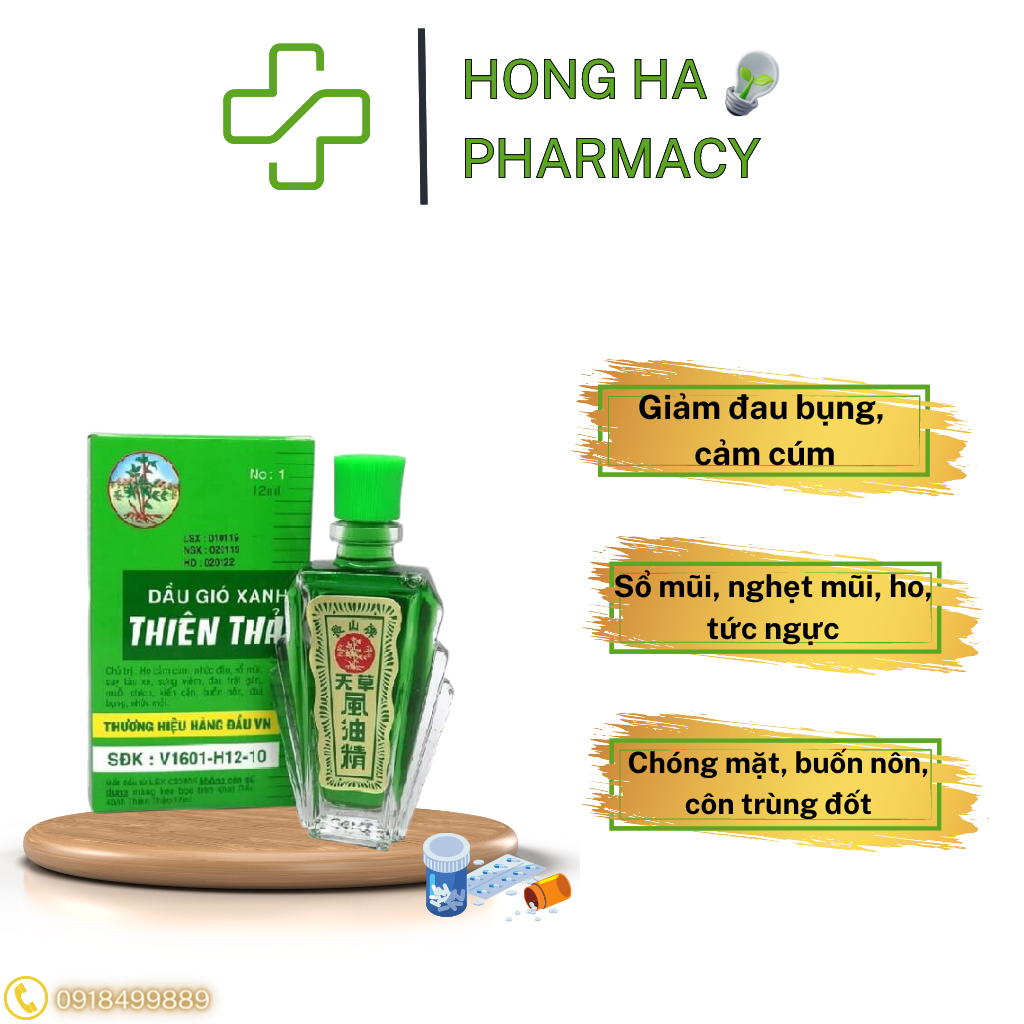 Dầu Thiên Thảo 12ml, Dùng trong cảm, ho, đau đầu, say nắng & tàu xe - Lọ 12ml - Hồng Hà Pharmacy