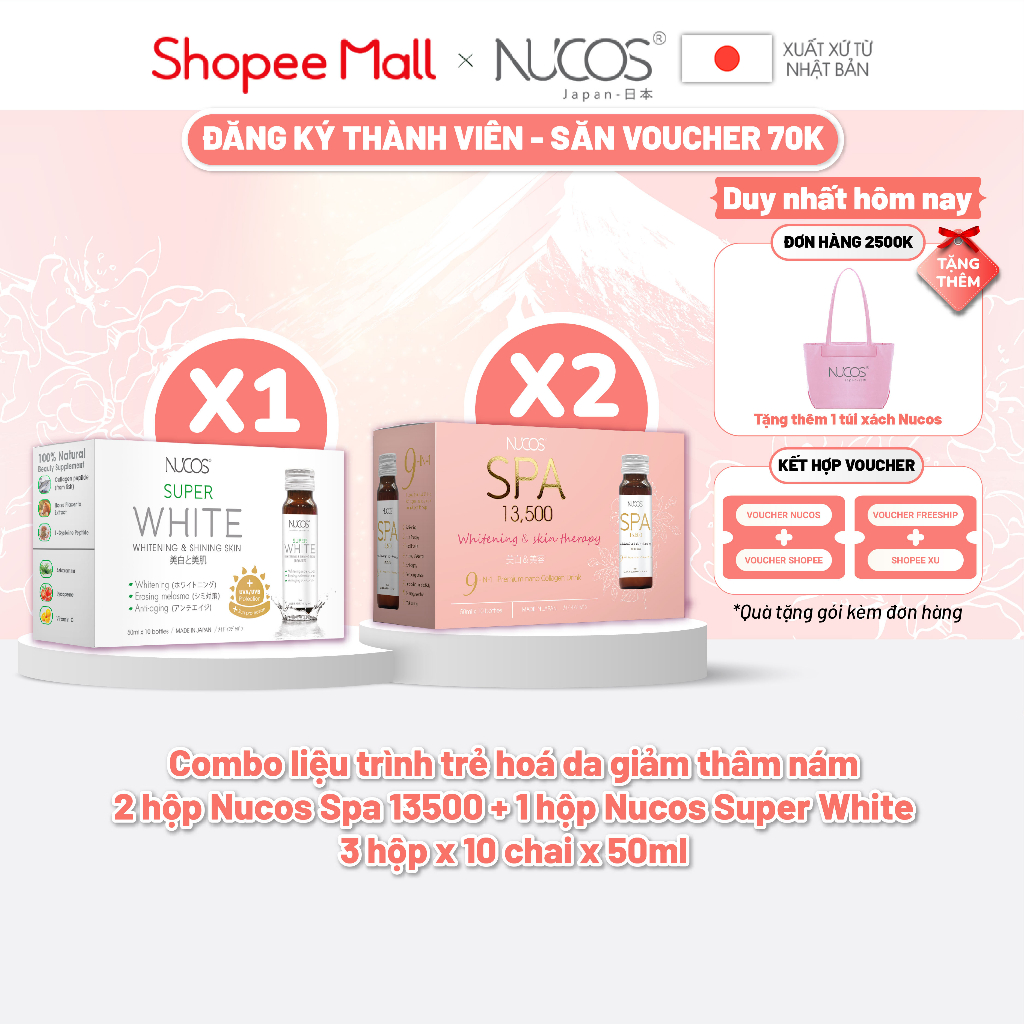 Combo liệu trình nước uống collagen đẹp da giảm thâm nám Nucos Spa 13500 và Nucos Super White 3 hộp x 10 chai x 50ml