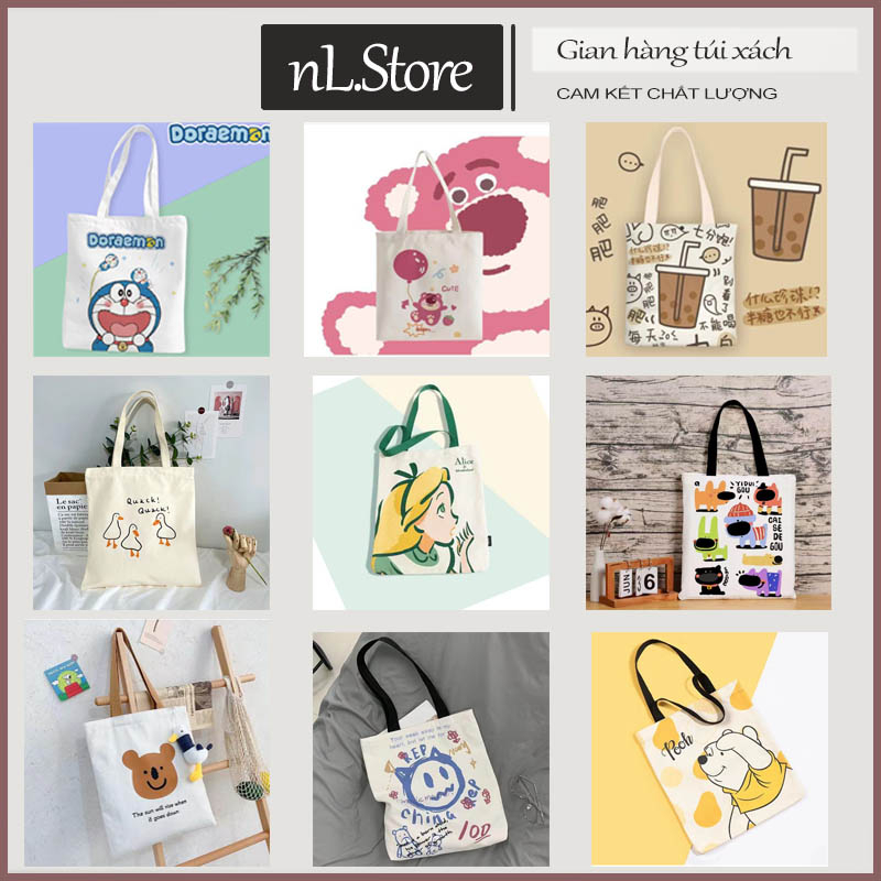 Túi xách vải tote bag túi vải canvas đeo vai totebag đi học giá rẻ gấu dâu hồng hoạt hình cute nL.Store T03