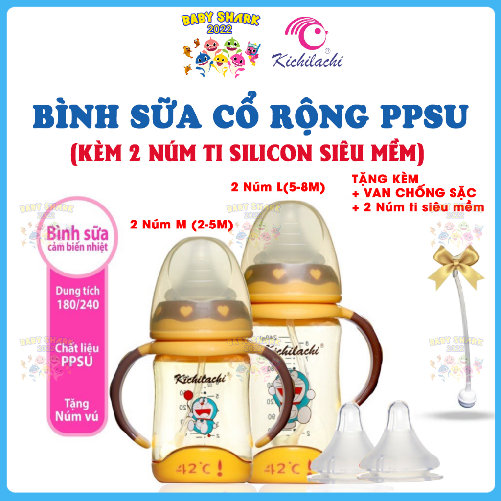 Bình sữa cổ rộng CẢM BIẾN NHIỆT PPSU kèm 2 núm ti + dây chống sặc Kichilachi Doraemon 180ml/240ml