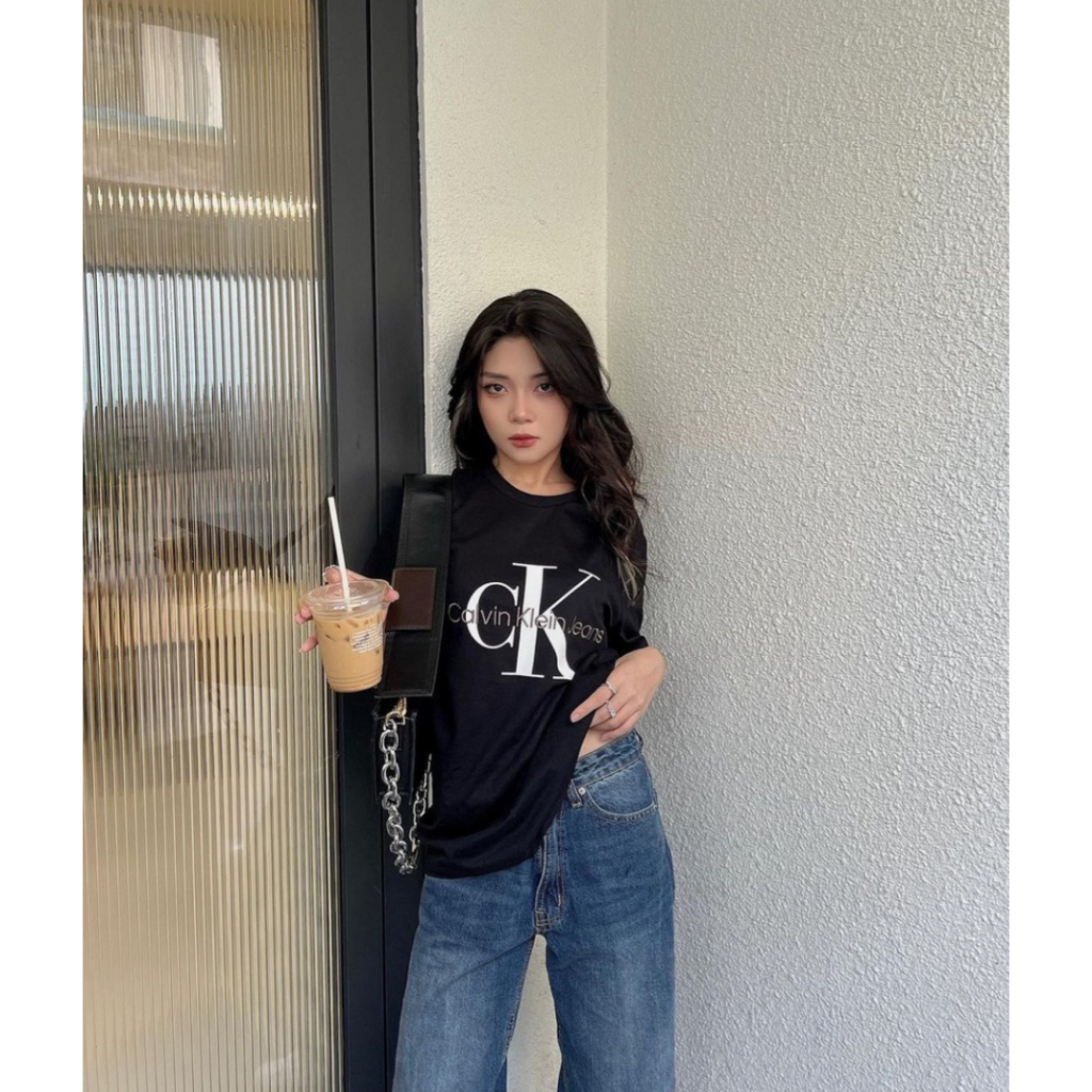 Áo thun tay lỡ unisex nam nữ trơn JUNGKOOK/ JENNIE CK BIG LOGO cotton form rộng oversize