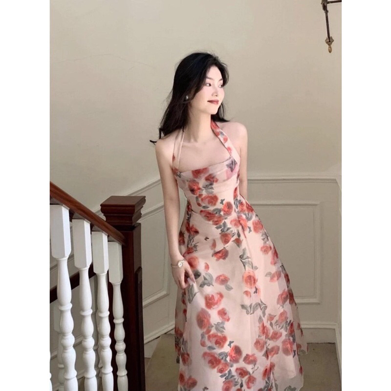 Váy đầm hoa cổ yếm  dáng dài hàng quảng châu ulzzang