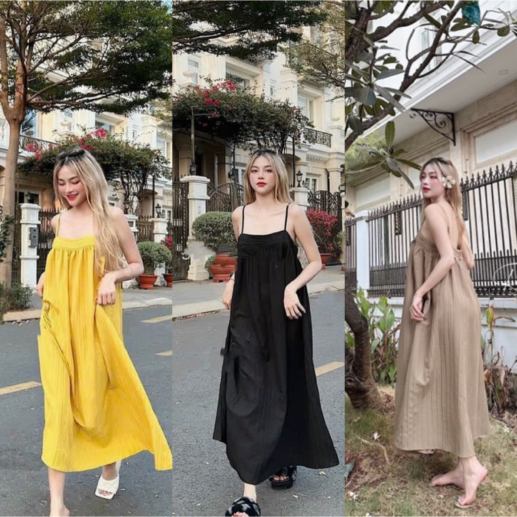 Đầm maxi hai dây suông gân nổi đi biển đi du lịch mặc hè mặc bầu siêu xinh