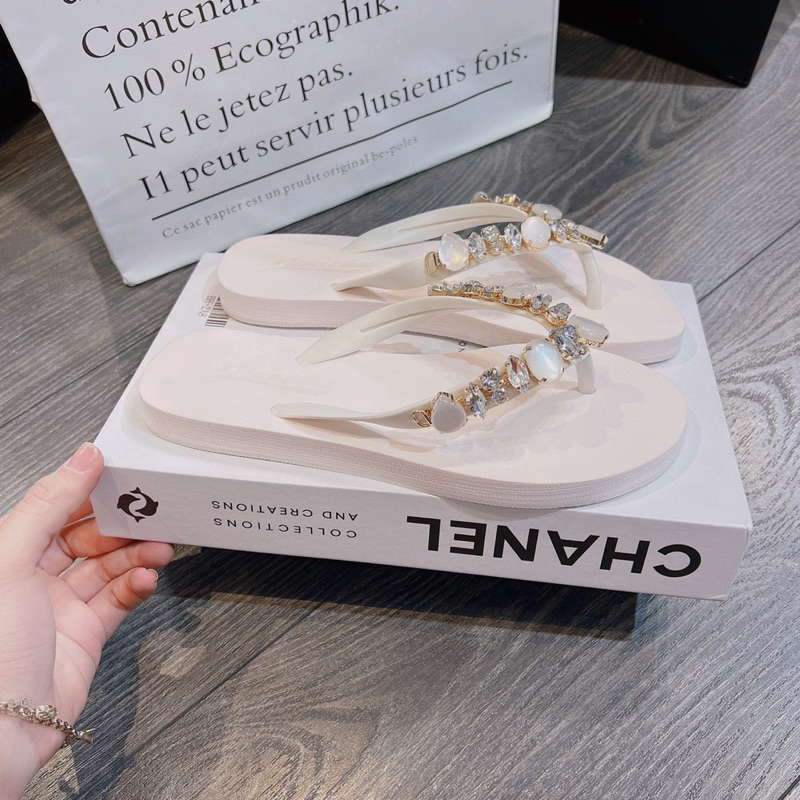 Dép kẹp đá nữ Hàng thái fullbox 2023/hạt Ngọc sáng chân trắng đen