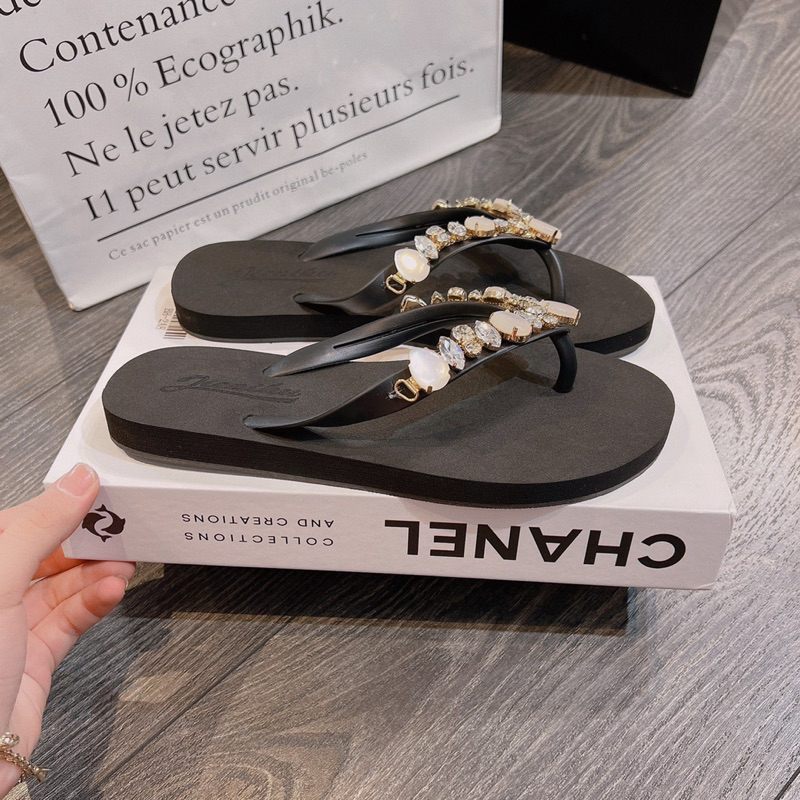 Dép kẹp đá nữ Hàng thái fullbox 2023/hạt Ngọc sáng chân trắng đen