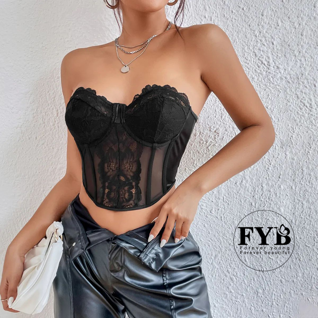 Áo thun nữ corset croptop vải ren đen không dây dạng ống vạt nhọt