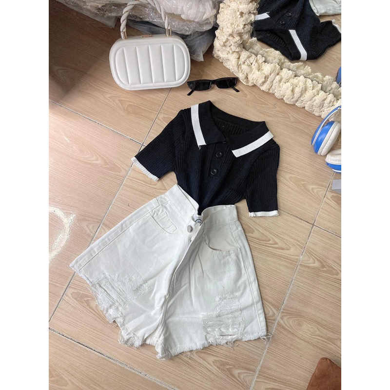 Set quần short jeans trắng rách + croptop petter phối viền