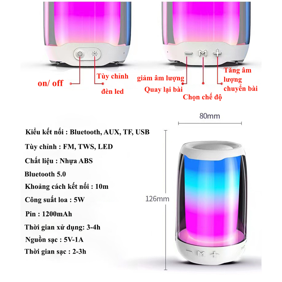 Loa Bluetooth Pluse 4 mini Có Đèn Led RGB - Loa Bluetooth pin trâu âm thanh hifi ghép đôi 2 loa nhân đôi công suất 10W