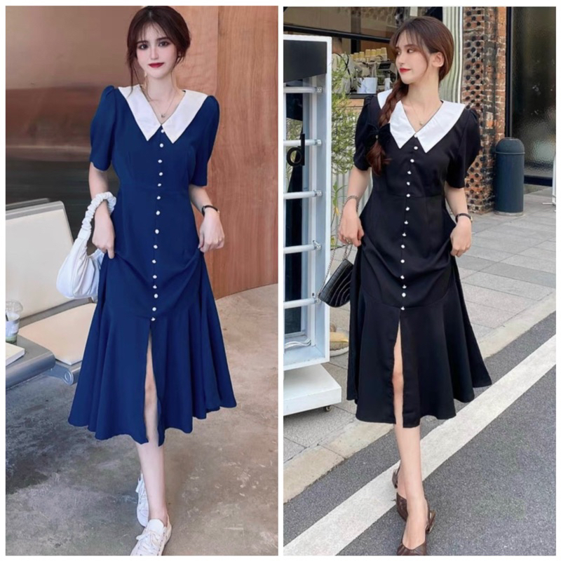 Đầm đuôi cá cổ trắng nút ngọc 2 màu (kèm hình thật)
