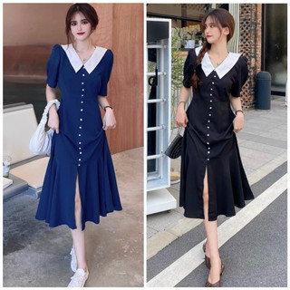 Đầm đuôi cá cổ trắng nút ngọc 2 màu