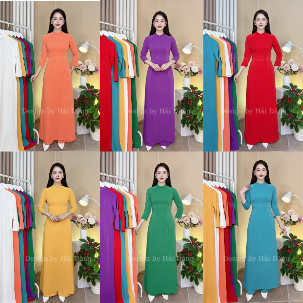 Áo dài trơn lụa Mỹ cao cấp mềm mịn có co giãn, áo dài Hải Đăng dáng truyền thống cổ cao 2 cm tay lỡ mặc tôn dáng