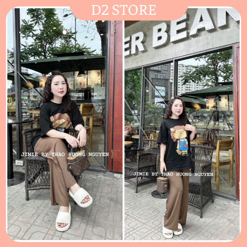 Set Bộ Đồ Nữ Áo Phông Cô Gái Má Phính Mix Quần Suông Nâu Dập Ly Hàng đẹp Freesize